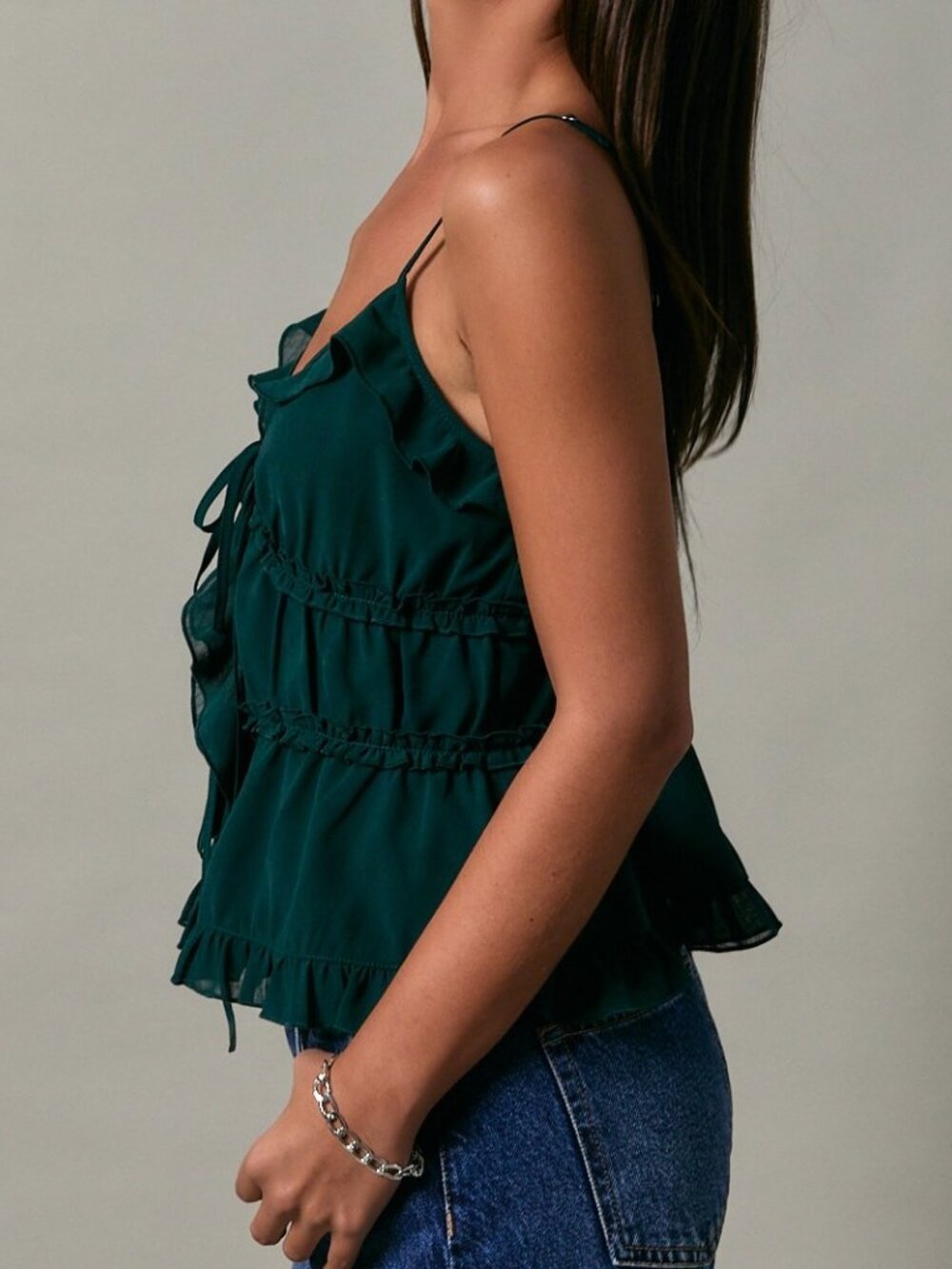 COMING SOON HIT THE CITY GREEN RUFFLE TANK TOP - Picture 3 of 3